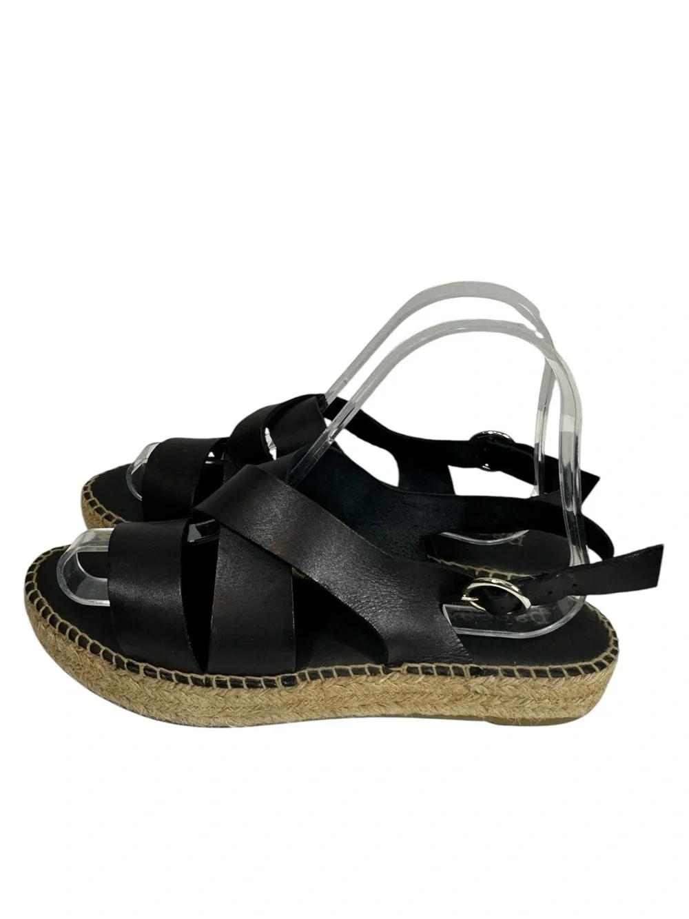 PAEART Women's 39 Black Leather Strap Espadrilles